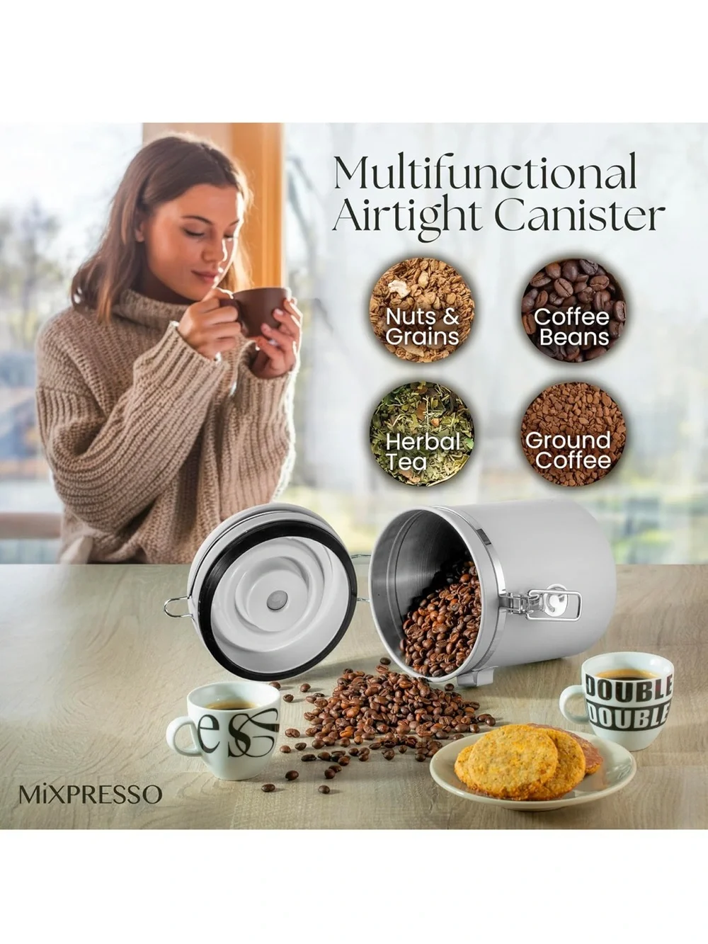 White Airtight Coffee Canister with Stainless Clamp and Scoop